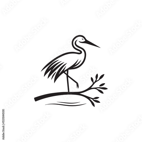 minimalist crane perched on a brach with one stoke design