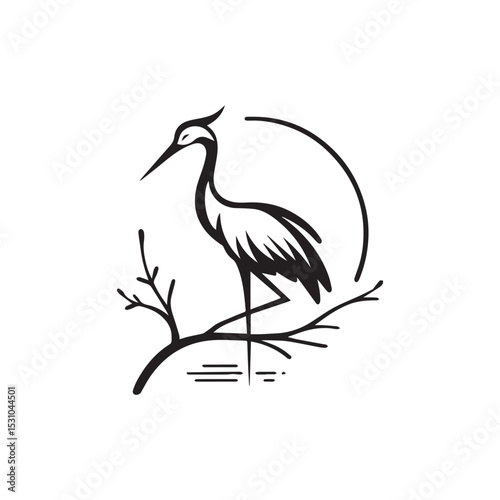 minimalist crane perched on a brach with one stoke design