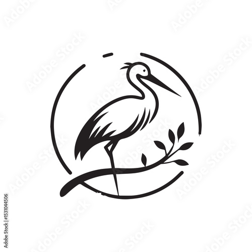 minimalist crane perched on a brach with one stoke design