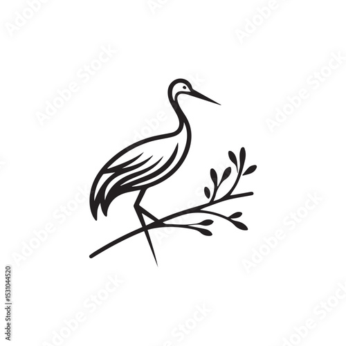 minimalist crane perched on a brach with one stoke design