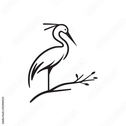 minimalist crane perched on a brach with one stoke design