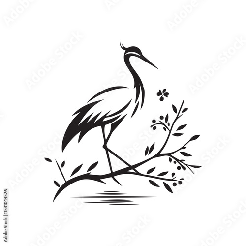 minimalist crane perched on a brach with one stoke design