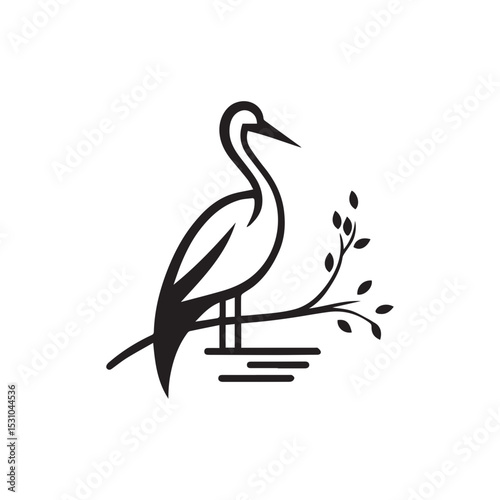 minimalist crane perched on a brach with one stoke design