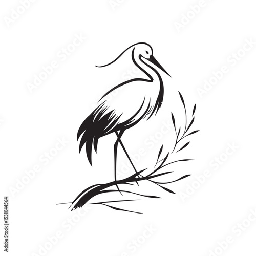 minimalist crane perched on a brach with one stoke design