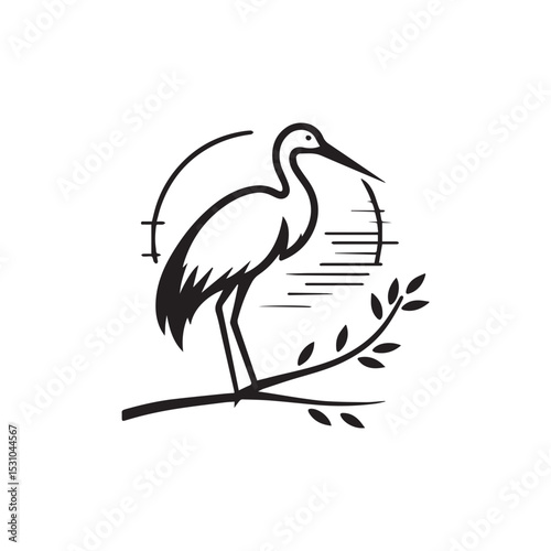minimalist crane perched on a brach with one stoke design
