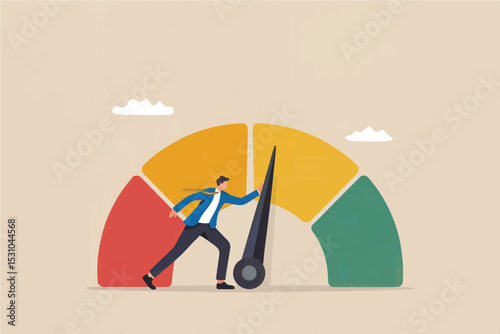 Vector cartoon illustration of businessman moving speedometer needle to green isolated on transparent background