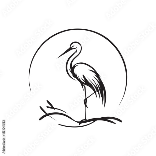 minimalist crane perched on a brach with one stoke design