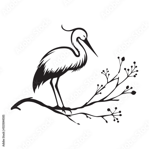 minimalist crane perched on a brach with one stoke design