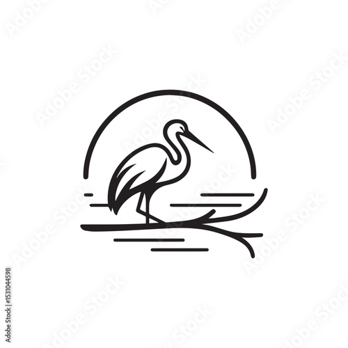 minimalist crane perched on a brach with one stoke design