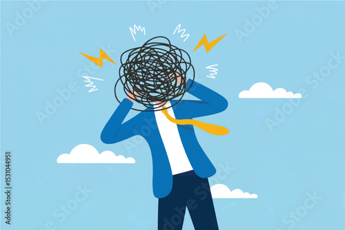 Vector cartoon illustration of a stressed businessman with tangled thoughts isolated on transparent background