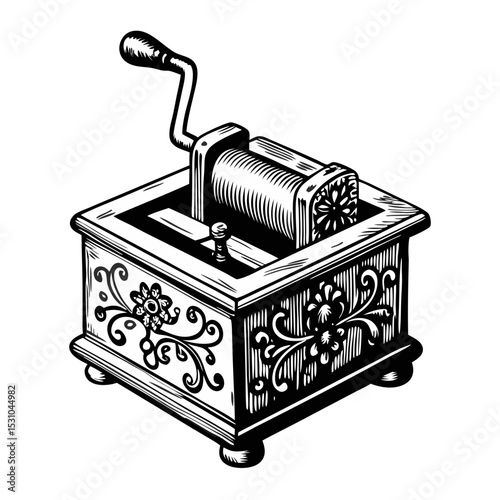 Antique music box with intricate carvings and floral designs. This vintage musical instrument features a hand crank and cylinder mechanism. Perfect for vintage engraving projects.