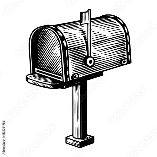 Classic mailbox on wooden post. Detailed mailbox illustration with flag up. Vintage mailbox design perfect for postal service stationery, scrapbooking, or retro postcards.