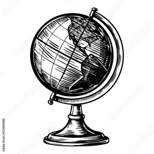 Vintage globe illustration with detailed continents and meridians.  Globe on stand shows engraved world map. This detailed globe graphic is perfect for vintage design projects, travel brochures.