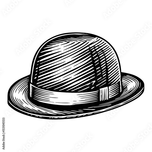 Classic bowler hat, vintage headwear illustration. Detailed drawing of a stylish bowler hat, perfect for fashion design. This engraved bowler hat image is ideal for vintage fashion design, apparel.