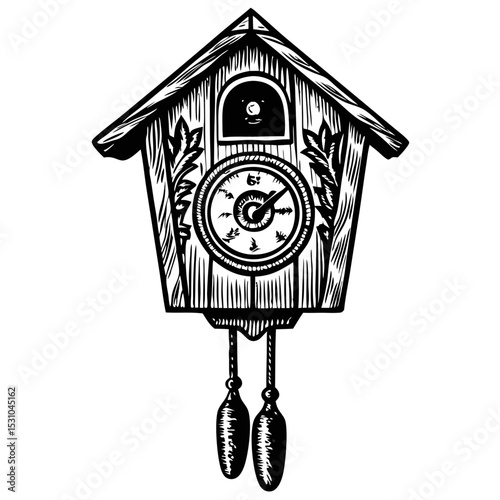 Classic cuckoo clock with wooden house design and pendulum. Detailed cuckoo clock illustration features ornate carvings and a traditional clock face.