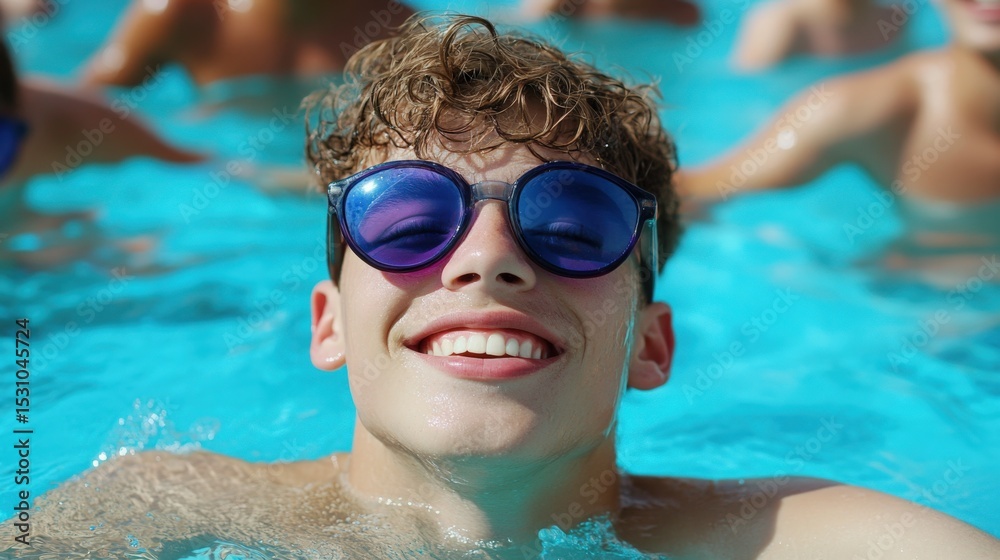 Naklejka premium Young man enjoying the sun in a pool while his friends engage in fun water games. 
