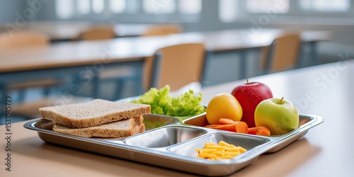 Cafeteria tray with lunch arranged neatly tray on left side table clean on right for copyspace lunch items detailed and realistic soft background of school canteen neutral tones  photo