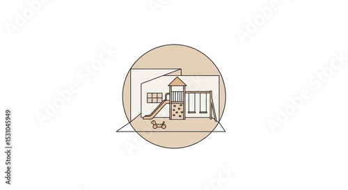 Playground Icon: Minimalist Line Art in Circle, Slide, Swings, and Trike.