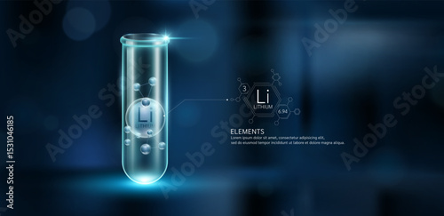 Dark grey model lithium molecules in glass beaker test tube on dark blue background. Minerals sample science experiment. Scientific research concept. Vector EPS10.