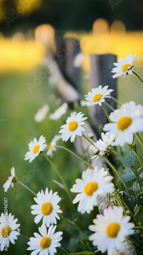 Animation of wild daisies glowing along a rustic wooden fence