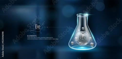 Dark grey model beryllium (Be) molecules in glass beaker triangle test tube on dark blue background. Minerals sample science experiment. Scientific research concept. Vector EPS10.