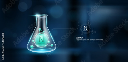 Green model nitrogen (N) molecules in glass beaker triangle test tube on dark background with atomic mass atomic number. Minerals sample science experiment. Scientific research. Vector.