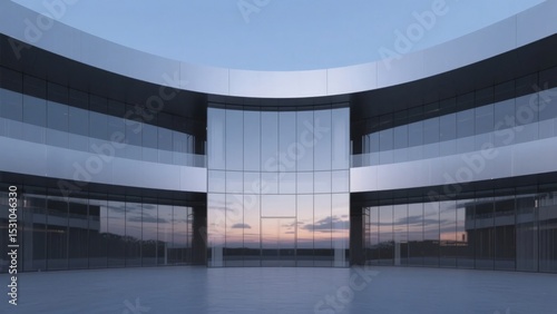 Modern glass building with curved architecture reflecting a twilight sky