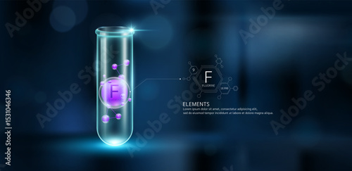 Purple model fluorine (F) molecules in glass beaker test tube on dark background with atomic mass atomic number. Minerals sample science experiment. Scientific research. Vector.