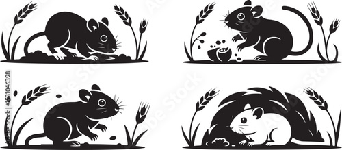 Mice and rat running silhouette black vector art design set