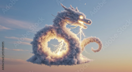3D render of a sentient cloud shaped like a dragon, lightning glowing in its belly, intricate detail, iridescent sky in the background photo