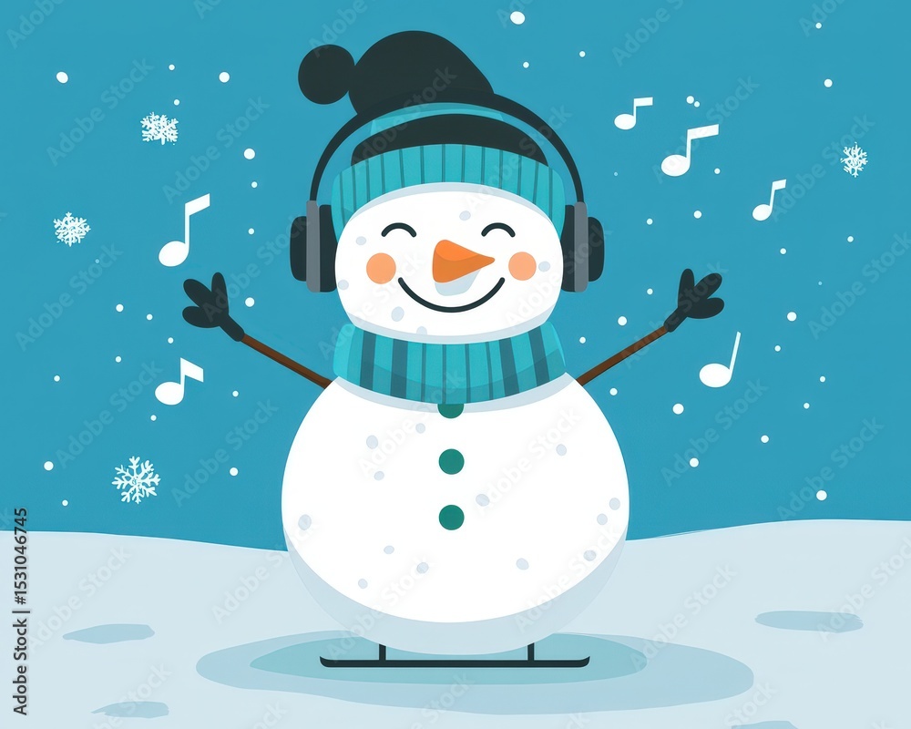 Fototapeta premium Cheerful snowman wearing headphones and scarf, enjoying music in a snowy winter landscape with falling snowflakes.
