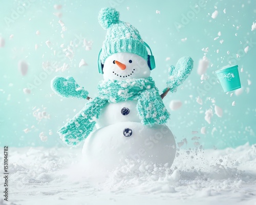 Cheerful snowman in a blue hat, scarf, and mittens, surrounded by flying snowflakes and a floating cup in a wintry scene.
