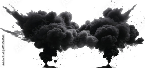 Striking and High-Contrast Concept of an Expanding Black Smoke Cloud with Floating Dust 
Particles, Isolated on a Bright White Background for Impact

