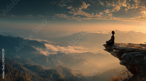  Woman meditating at sunrise with blank sky for text overlay.