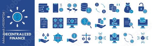 Decentralized Finance icon collection set. Containing design finance, currency, technology, digital, crypto