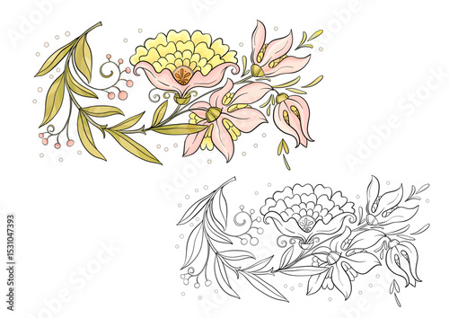 Fantasy flowers in retro, vintage, jacobean embroidery style. Clip art, set of elements for design Vector illustration.