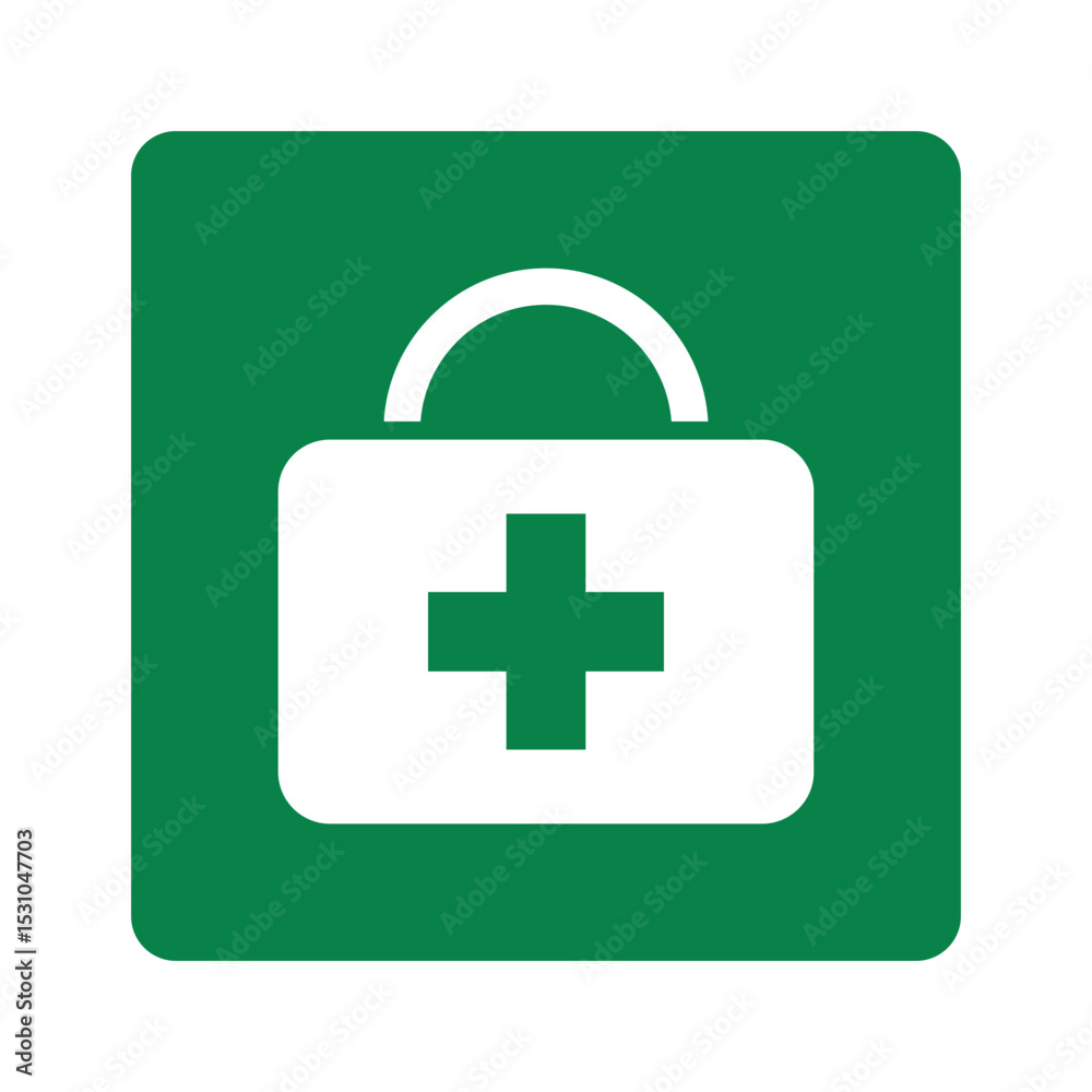 Isolated pictogram icon of emergency first aid kit label, green sticker used for identifying medical supplies and health safety equipment quickly Isolated pictogram icon of emergency first aid kit label, green sticker used for identifying medical supplies and health safety equipment quickly