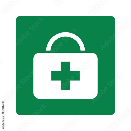 Isolated pictogram icon of emergency first aid kit label, green sticker used for identifying medical supplies and health safety equipment quickly