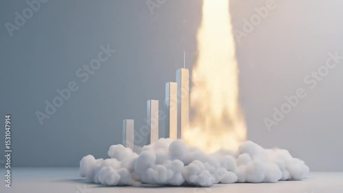3D shiny silver rocket launches next to tall bar graph. 4k video