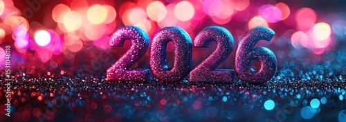 Glittery 2026 numbers with vibrant pink blue bokeh lights and sparkling festive background for new year celebration Generative AI