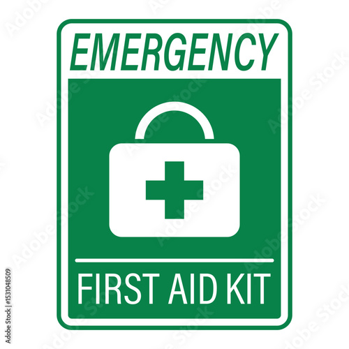 Isolated pictogram icon of emergency first aid kit label, green sticker used for identifying medical supplies and health safety equipment quickly