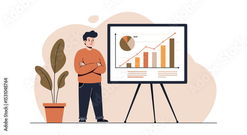 Business presentation success with growing financial chart and confident entrepreneur vector illustration