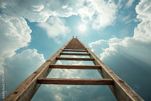Wooden ladder reaching towards the sky through clouds and sunlight  