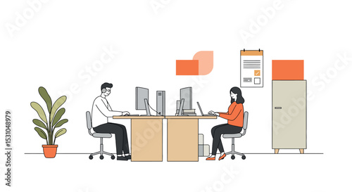 Modern office workspace with two colleagues working on computers for team collaboration vector illustration