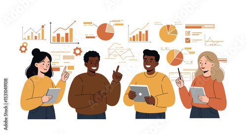 Diverse team collaborating on data analysis with graphs and charts for business strategy vector illustration