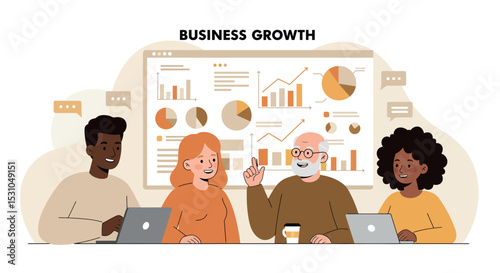 Team collaboration for business growth with diverse professionals analyzing data vector illustration