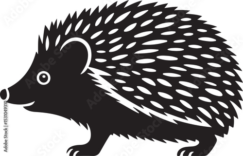 Two stylized hedgehogs one outlined with quills and one solid black silhouette side by side on white field editable vector eps/eps