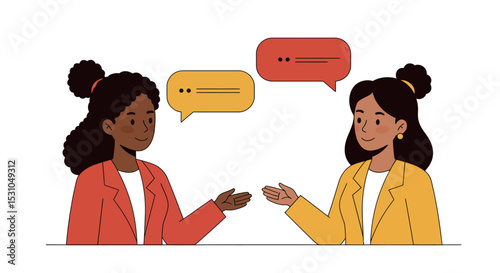 Collaborative teamwork and communication between two women in animated conversation scene vector illustration