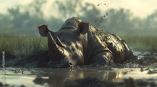 Rhino Wallowing in Muddy Waterhole Enjoying a Relaxing Bath