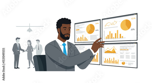 Business analyst reviewing data on multiple monitors in office setting vector illustration